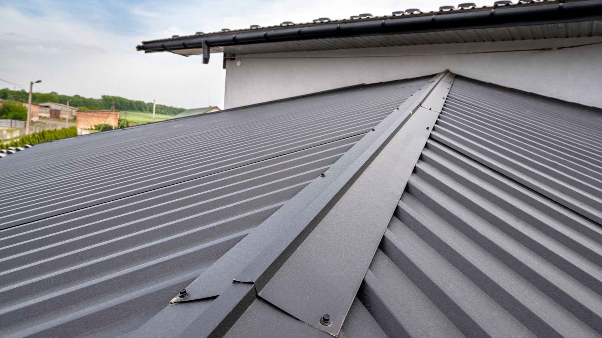 Gray metal roof with ridge detail and countryside view in background