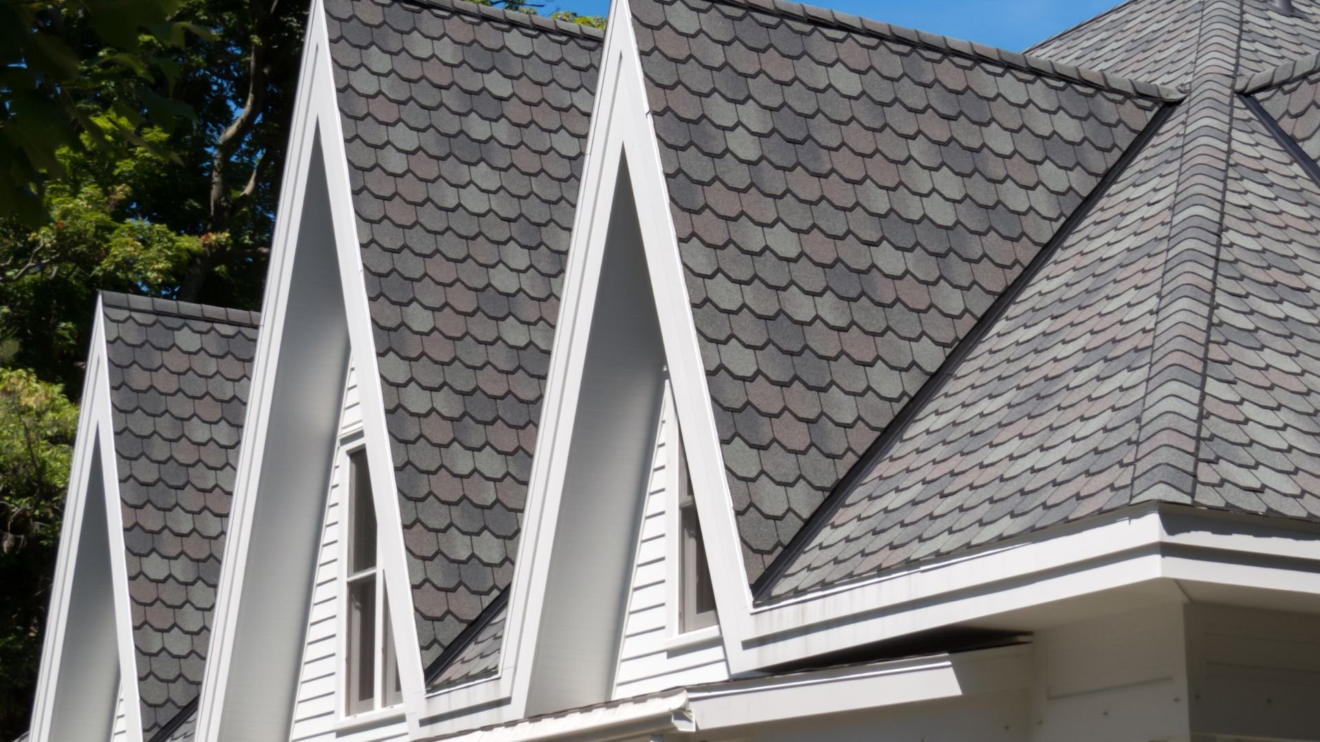 Gray shingled roof with white trim on modern architectural building